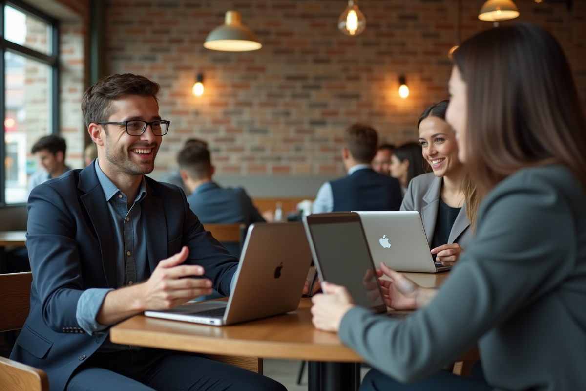 Jeune homme en conversation avec un coach au café