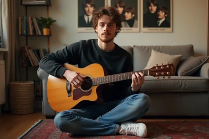 Jeune homme jouant de la guitare dans un salon chaleureux