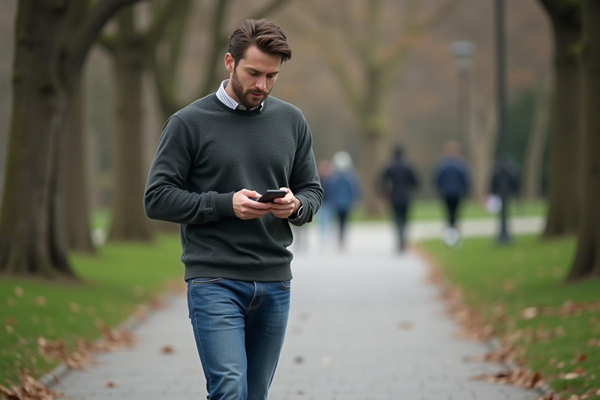 Jeune homme vérifiant son téléphone dans un parc urbain