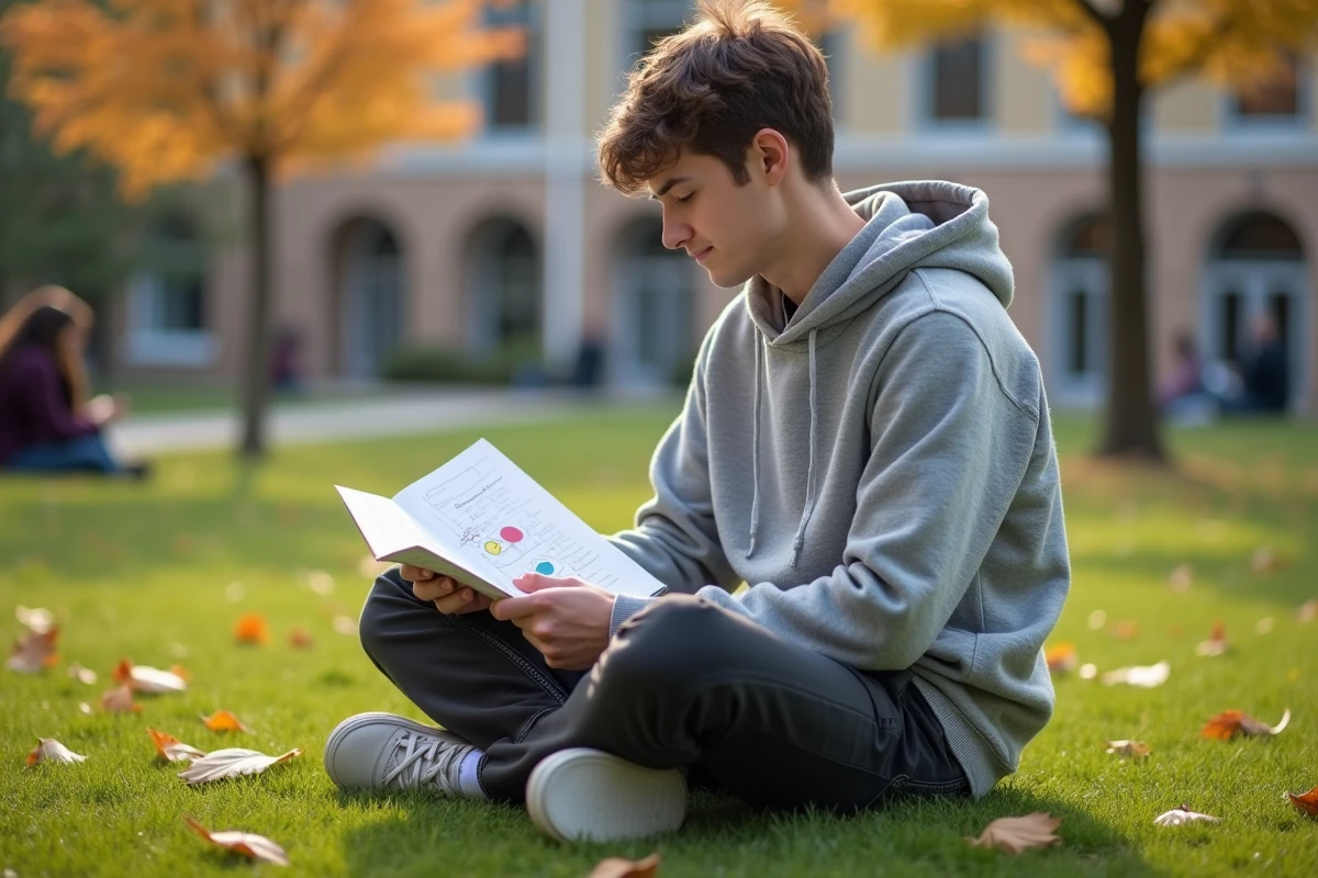 Jeune homme étudiant en plein air avec notes de probabilité