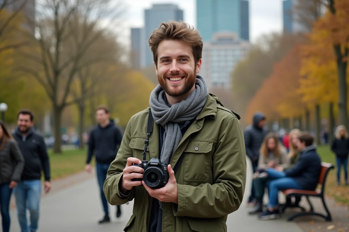 Jeune homme regardant ses photos en extérieur dans un parc