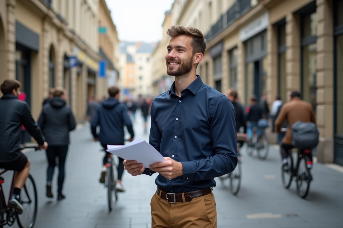 Jeune homme discutant dans la rue à Bordeaux