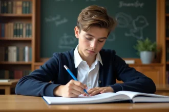 Jeune lyceen concentré en examen avec livre de littérature