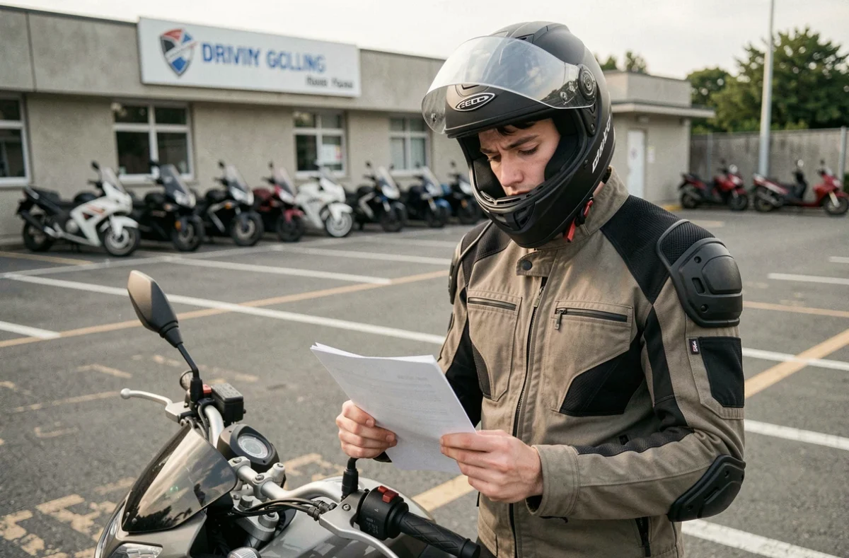 Jeune homme en équipement moto A2 consultant un document devant une auto-école, casque relevé sur la tête
