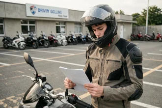 Jeune homme en équipement moto A2 consultant un document devant une auto-école, casque relevé sur la tête