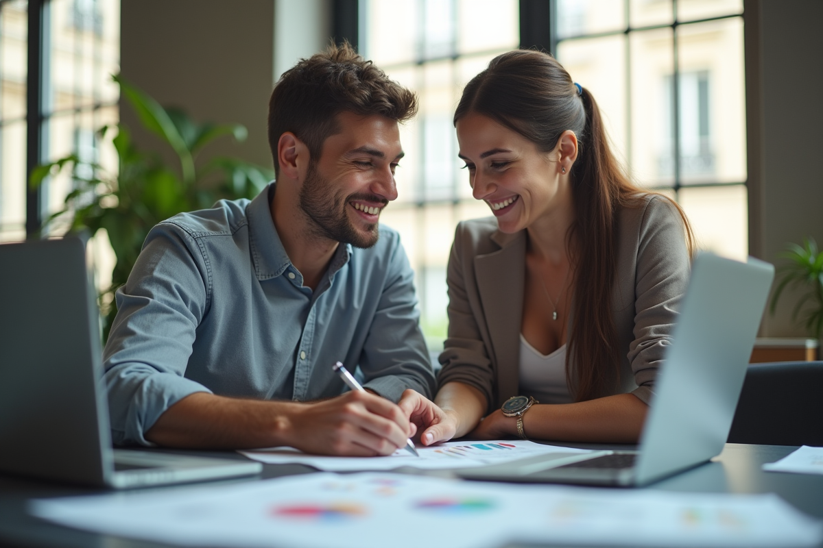 Jeune professionnel et femme collaborant dans un bureau parisien lumineux