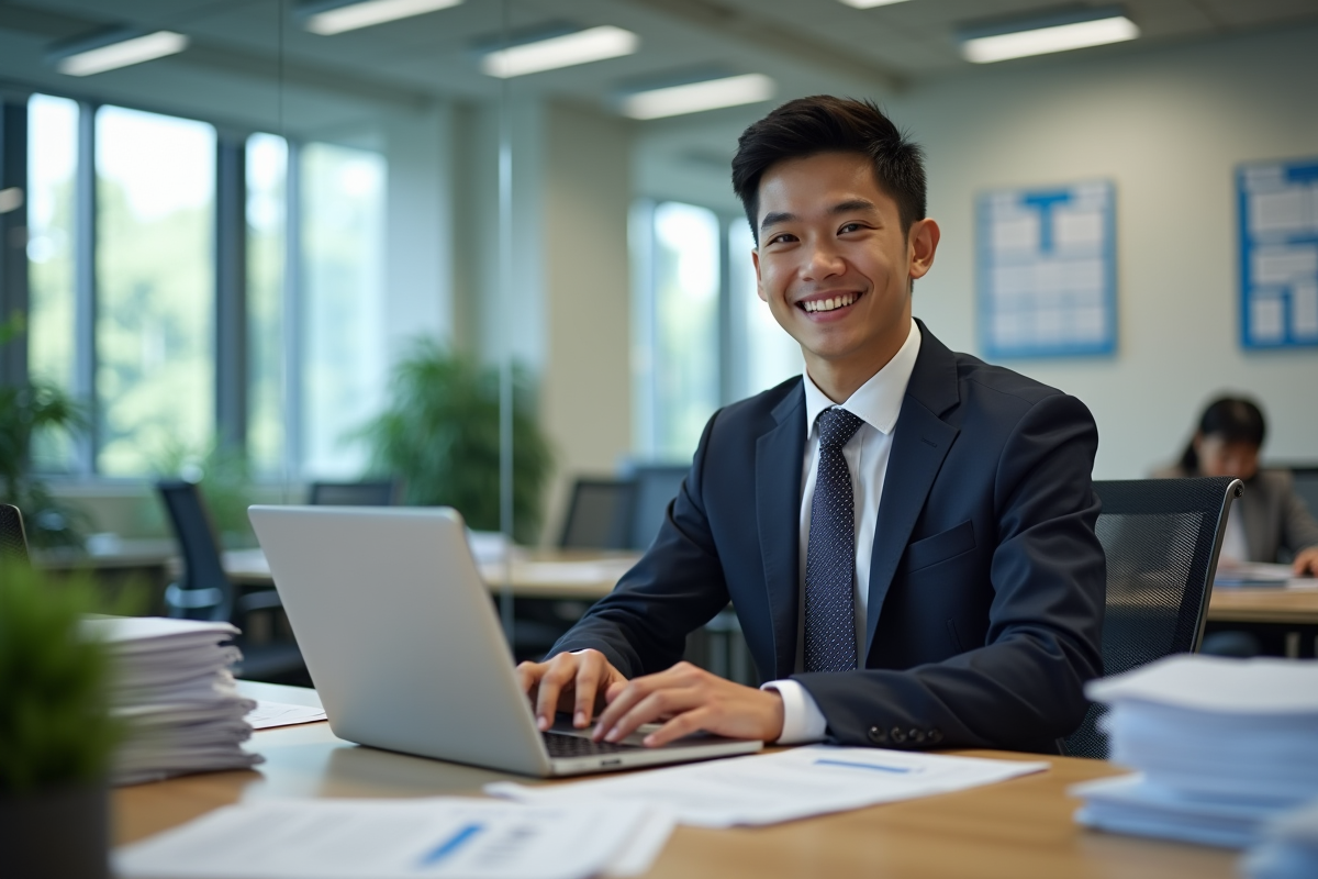 Un jeune agent public souriant travaillant sur un ordinateur dans un espace partagé