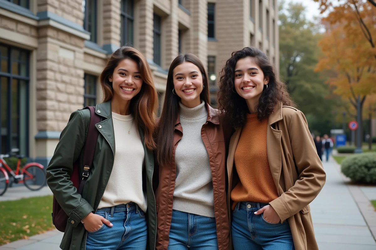 Trois jeunes adultes souriants devant une universite en automne