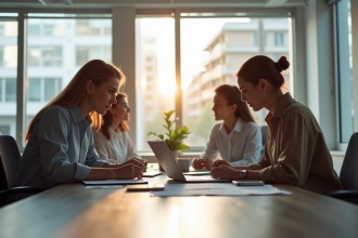 Jeunes professionnels collaborant dans un bureau lumineux