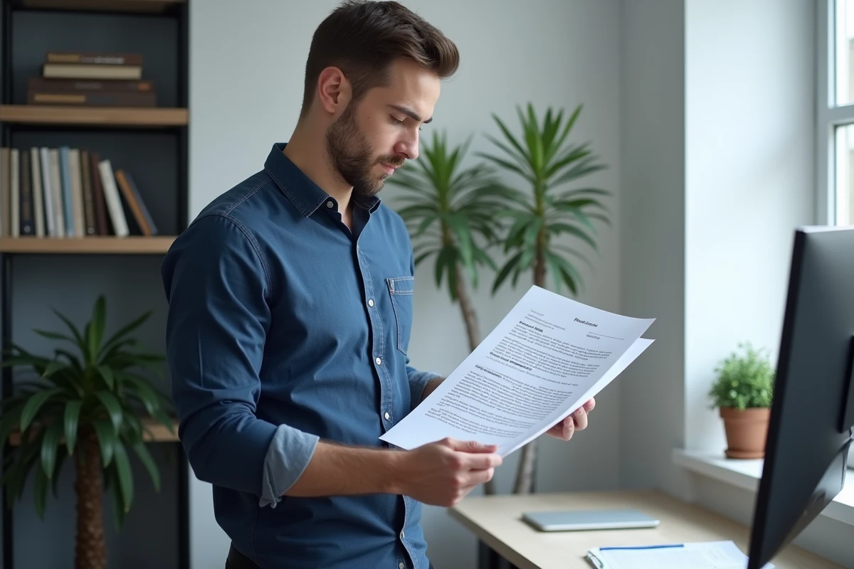Juriste professionnel annotant une note de synthèse juridique imprimée dans un bureau moderne avec interface IA visible à l'écran