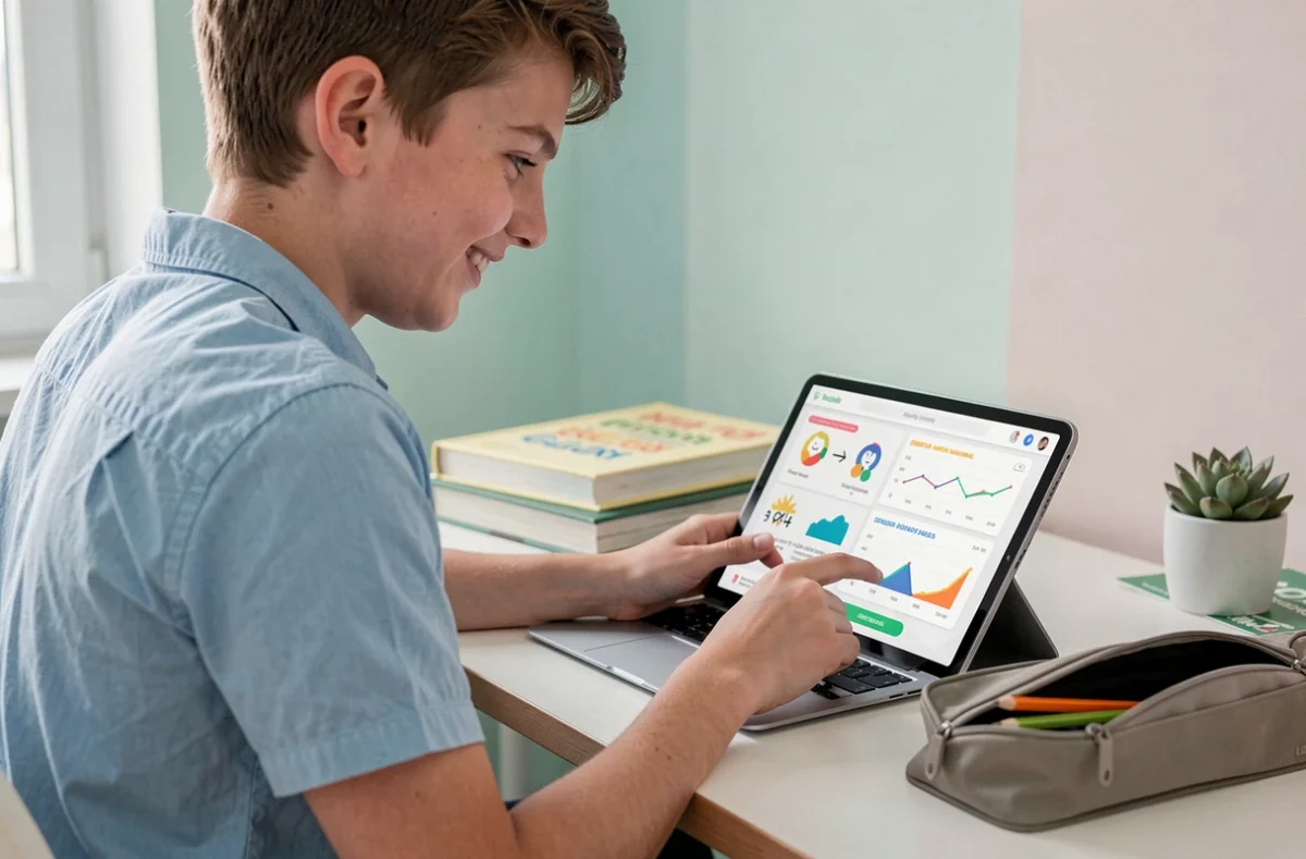 Un élève utilisant l'application Kartable sur une tablette pour réviser de manière interactive dans sa chambre