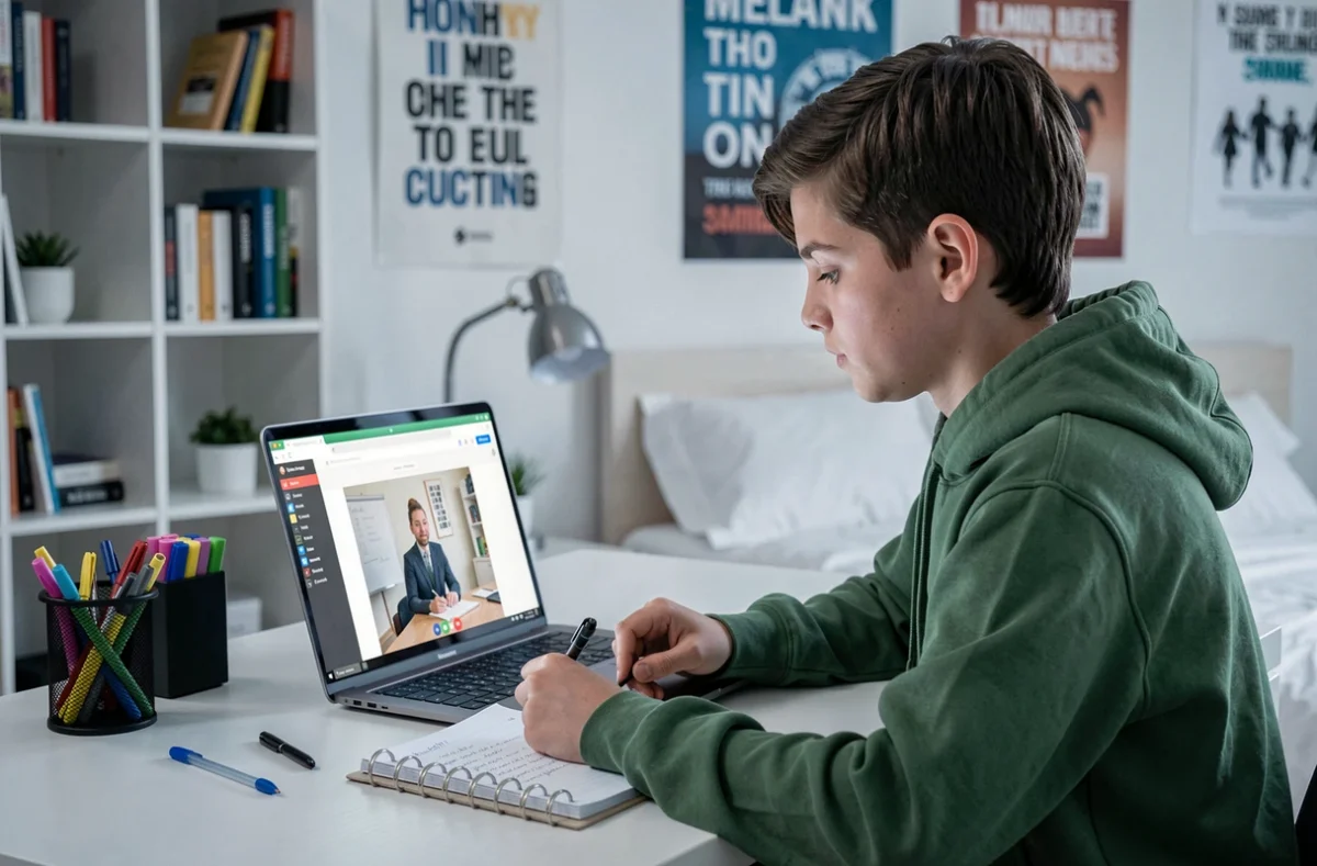 Un lycéen suivant une session de soutien scolaire en ligne avec Keepschool depuis sa chambre