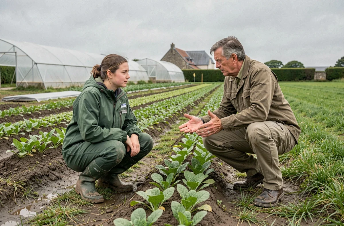 Stagiaire et formateur agricole dans les champs du LEAP Pommerit en formation élevage et agriculture