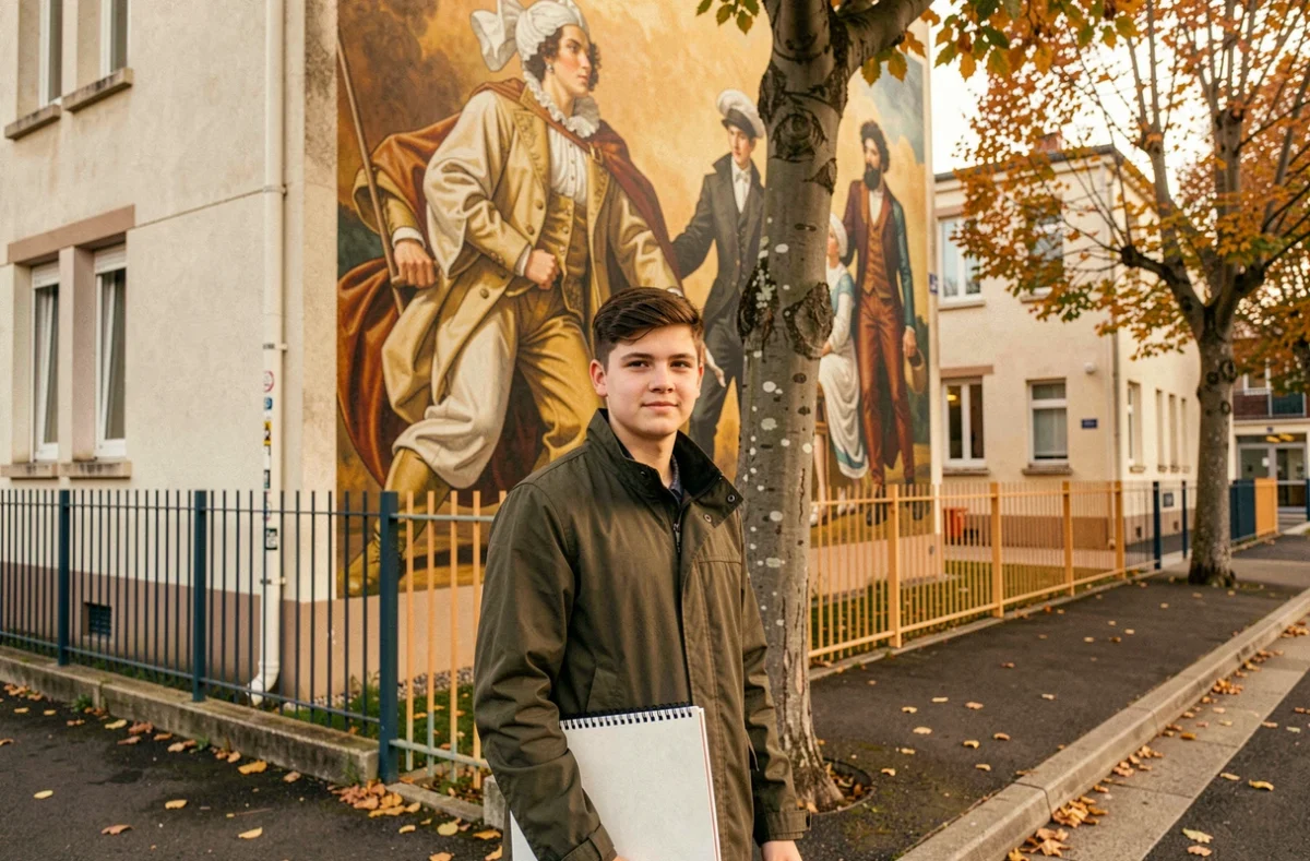 Un lycéen devant la façade du Lycée Eugène Delacroix à Drancy avec une fresque artistique en arrière-plan