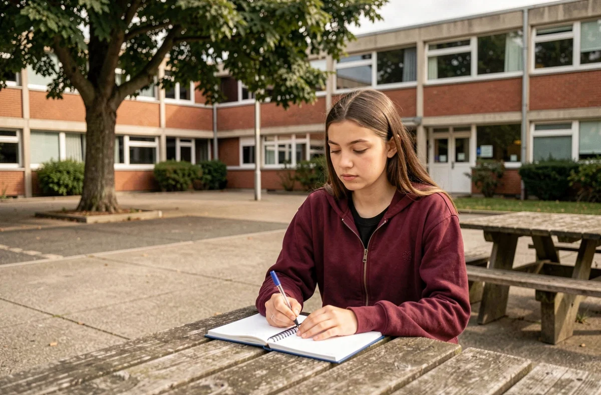 Une lycéenne prenant des notes dans la cour du Lycée Henri Wallon à Aubervilliers