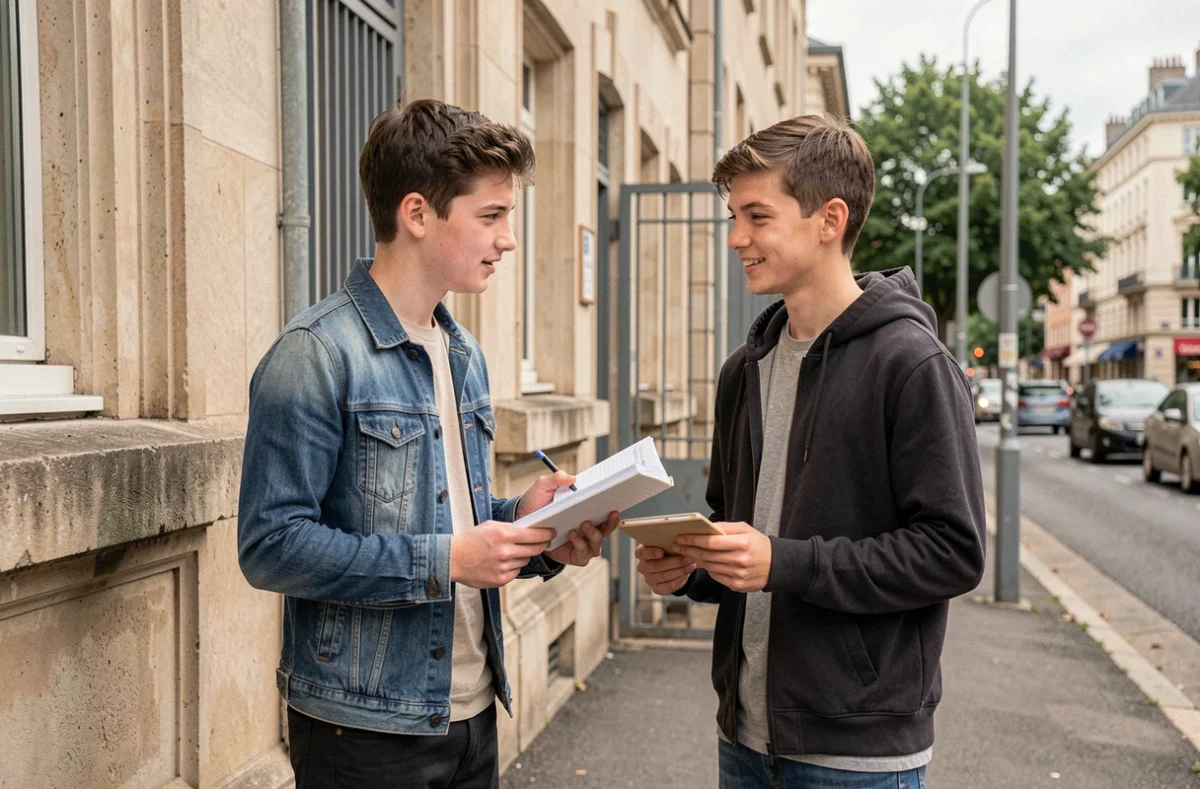Deux lycéens discutant de leurs cours devant le Lycée Jean-Baptiste de La Salle à Saint-Denis