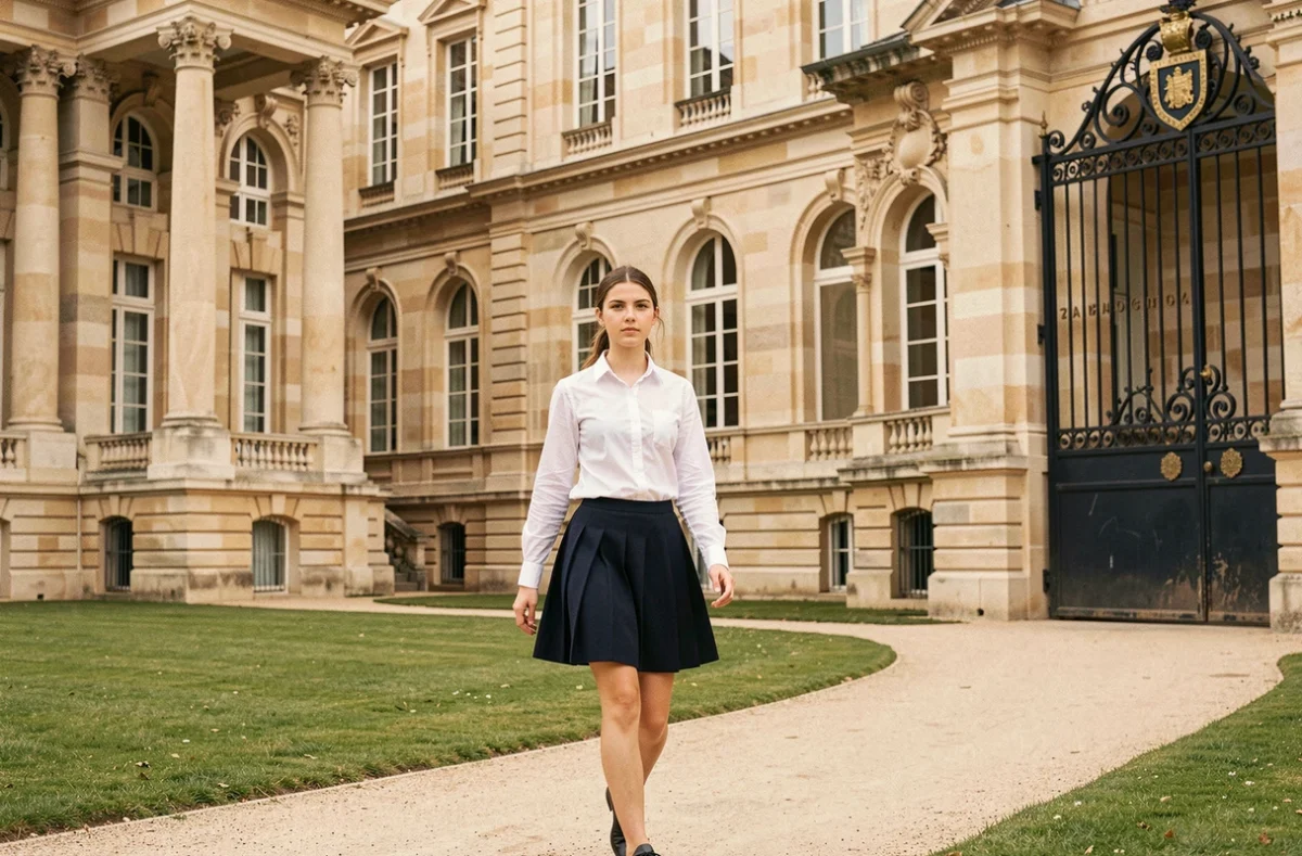 Une élève en uniforme dans les jardins du Lycée Maison de la Légion d'honneur à Saint-Denis