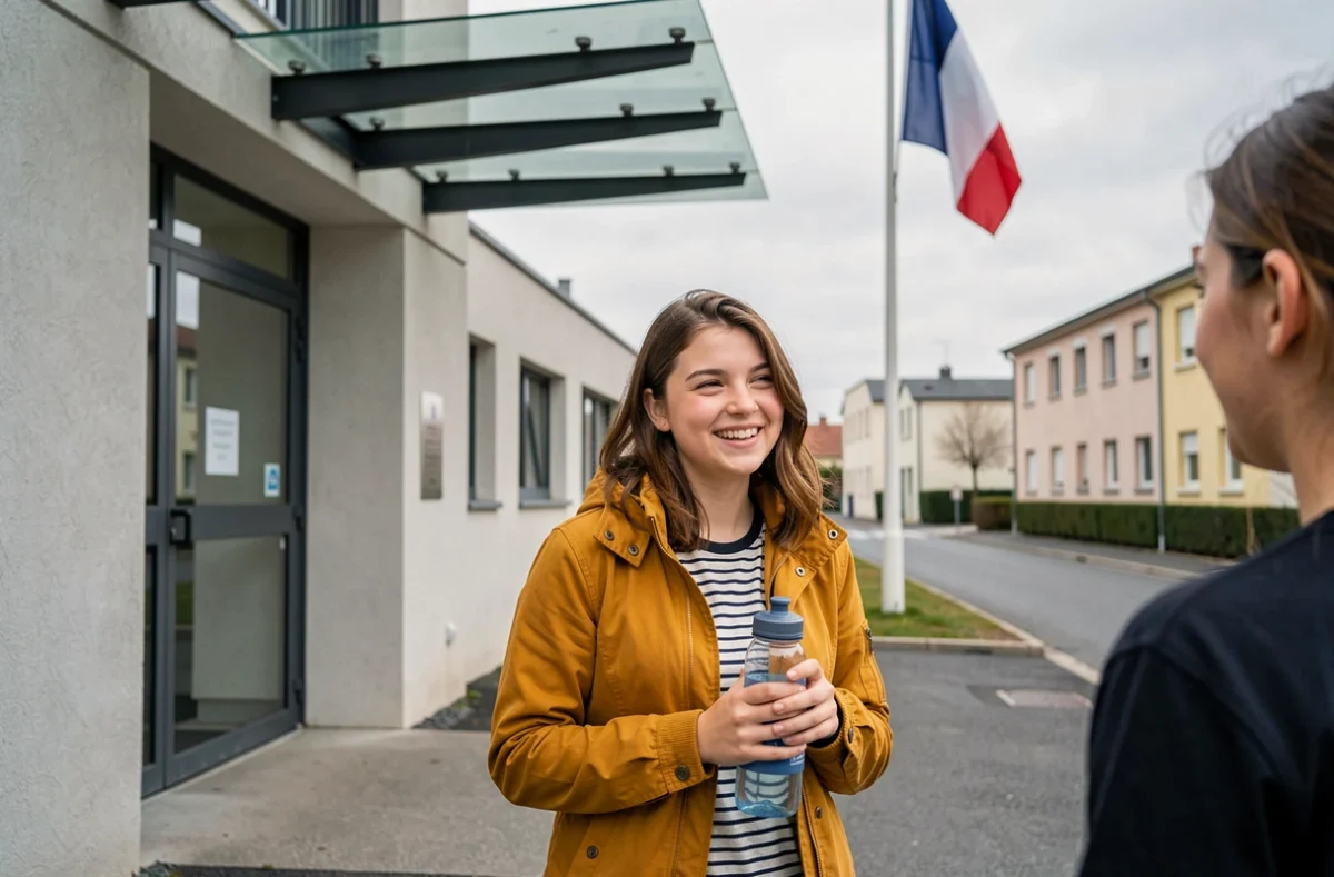 Une lycéenne souriante devant l'entrée du Lycée Olympe de Gouges à Noisy-le-Sec