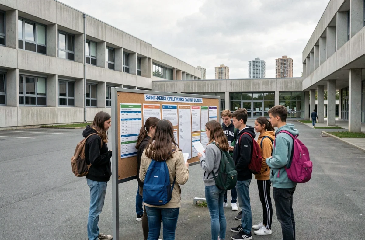 Des lycéens consultant le tableau d'affichage de la cour du Lycée Polyvalent Public Plaine Commune à Saint-Denis