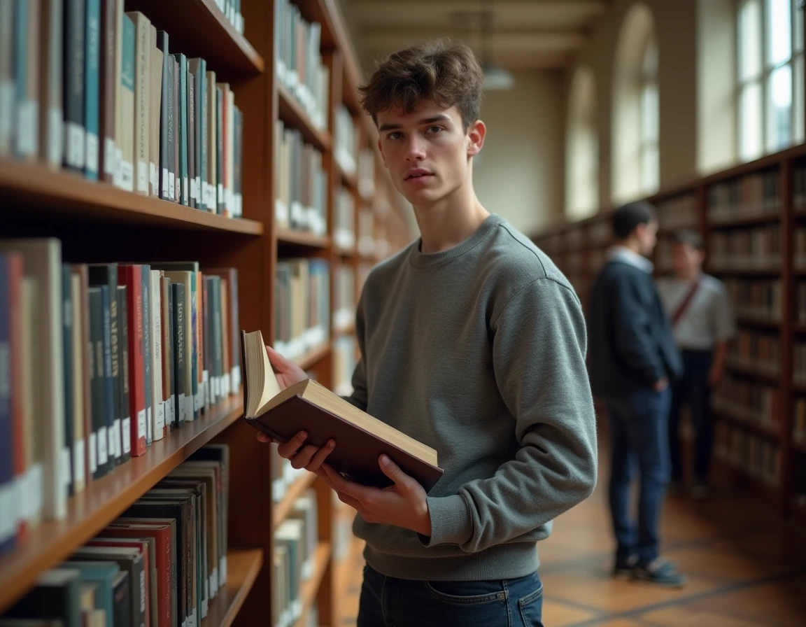 Lycéen en bibliothèque de lycée consultant un manuel de philosophie avant les épreuves du bac 2026