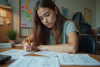 Lycéenne calculant sa moyenne avec coefficient pour le baccalauréat sur une feuille de notes manuscrites