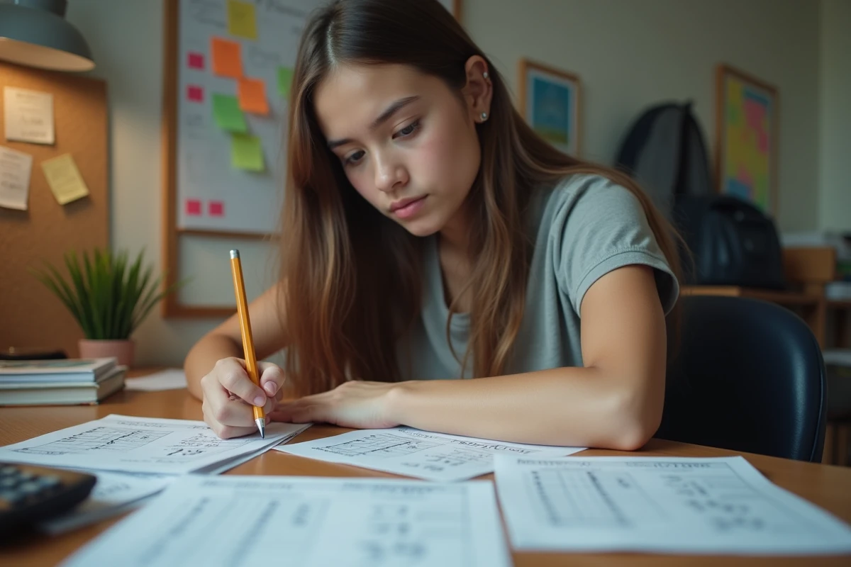Lycéenne calculant sa moyenne avec coefficient pour le baccalauréat sur une feuille de notes manuscrites