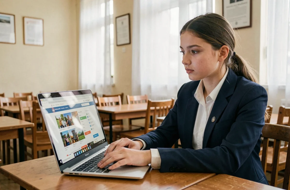 Lycéenne utilisant le portail Ent.ile de france.fr sur un ordinateur portable dans un lycée privé parisien