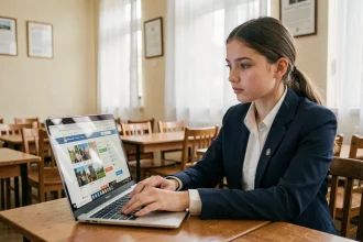 Lycéenne utilisant le portail Ent.ile de france.fr sur un ordinateur portable dans un lycée privé parisien