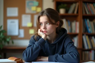 Lycéenne concentrée révisant la philosophie pour le bac 2026 avec des notes manuscrites sur son bureau en bois
