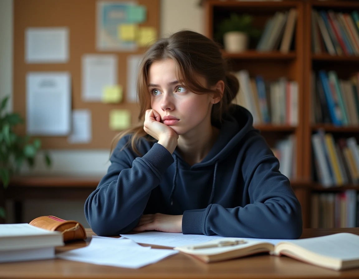 Lycéenne concentrée révisant la philosophie pour le bac 2026 avec des notes manuscrites sur son bureau en bois