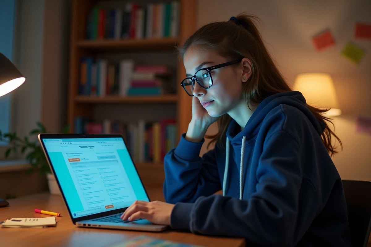 Lycéenne concentrée passant un test de QI en ligne sur son ordinateur portable dans sa chambre