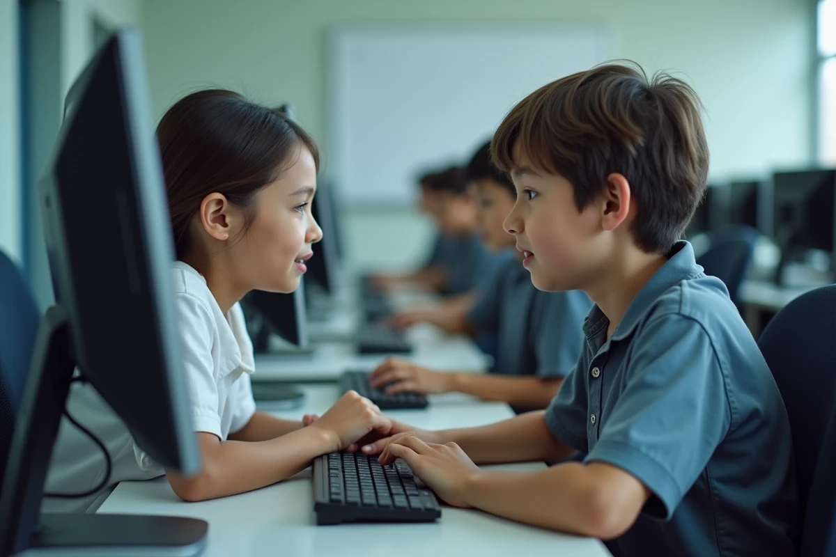 Deux lycéens réalisant ensemble un test de QI gratuit sur ordinateur en salle informatique