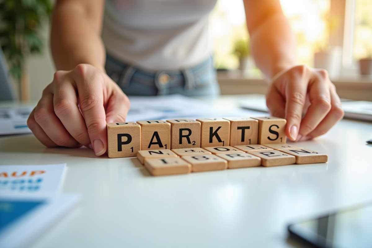 Mains manipulant des cubes avec les mots marketing sur un bureau blanc