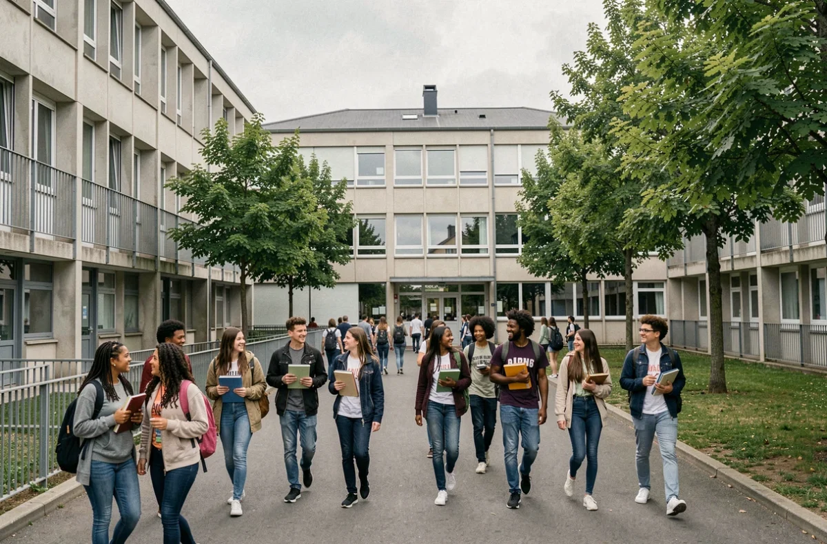 Des lycéens en Seine-Saint-Denis traversent la cour d'un établissement scolaire urbain, représentant le classement des meilleurs lycées du département