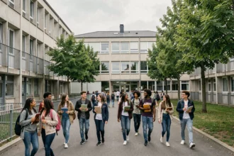 Des lycéens en Seine-Saint-Denis traversent la cour d'un établissement scolaire urbain, représentant le classement des meilleurs lycées du département