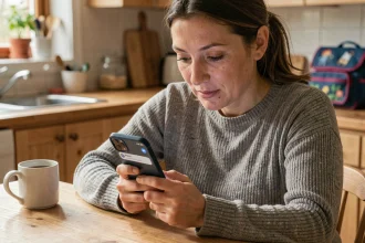 Mère de famille consultant les notifications de l'application scolaire Mjmcloud sur son smartphone dans sa cuisine le matin