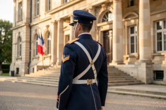 Militaire en uniforme devant un bâtiment administratif