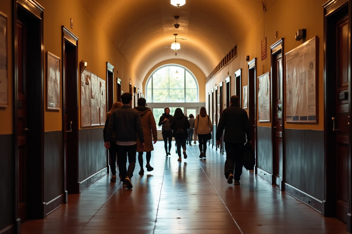 Le couloir infini du MIT avec étudiants et professeurs traversant ce passage emblématique du campus