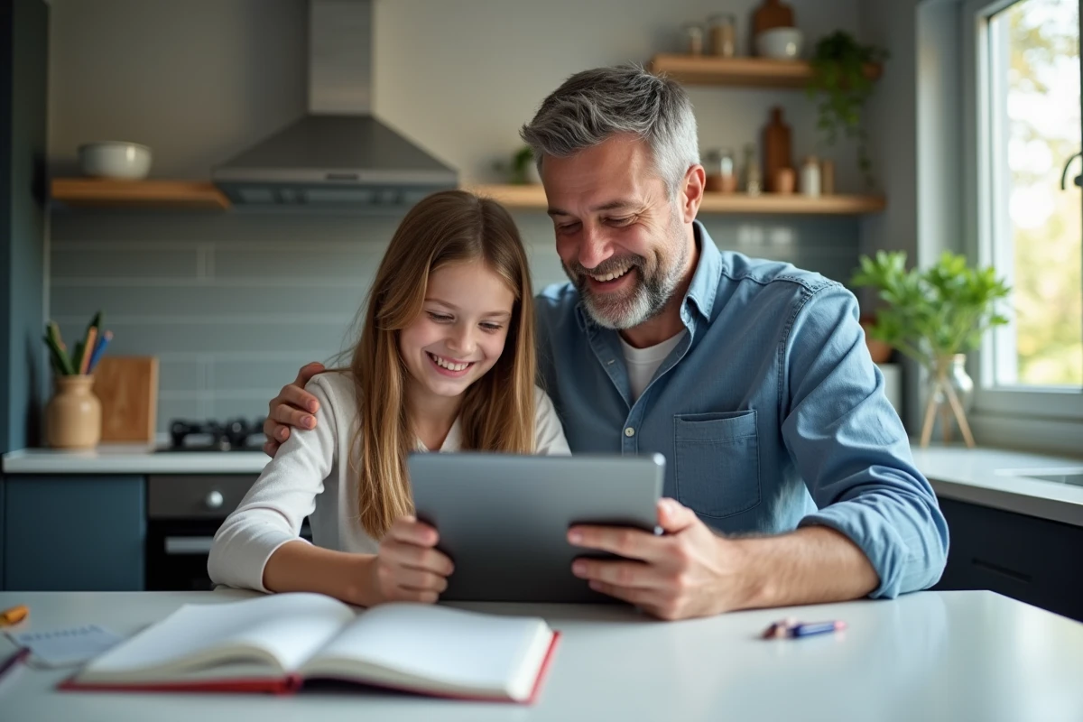 Père et fille souriants travaillant ensemble sur une tablette à la cuisine