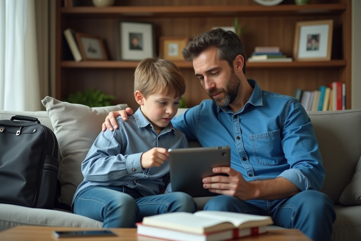 Père et fils regardant une tablette dans le salon familial