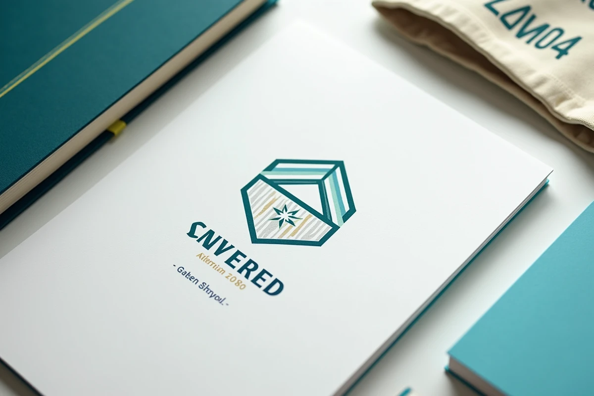 Flat lay de papeterie scolaire branded avec logo école cohérent sur cahier, en-tête et tote bag sur fond blanc