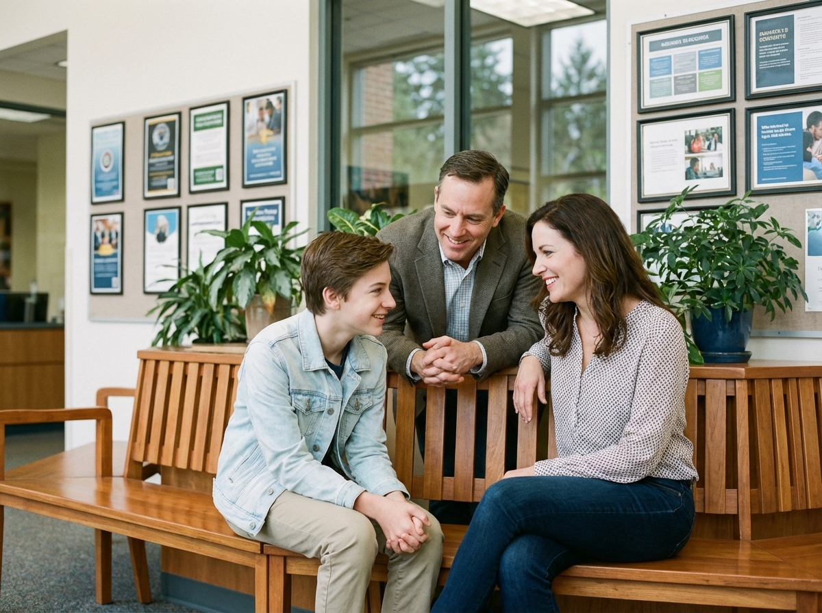 Parents et adolescent en conversation dans un espace scolaire