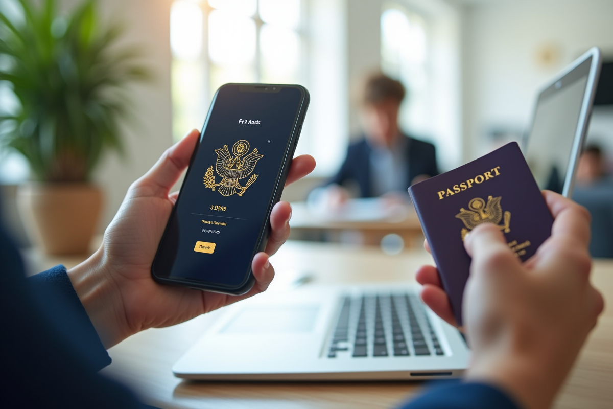 Main tenant un passeport français et un smartphone avec l