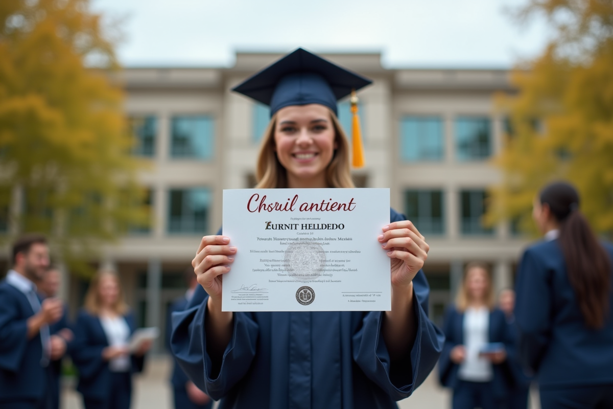 Personne fiere tenant un certificat devant une universite
