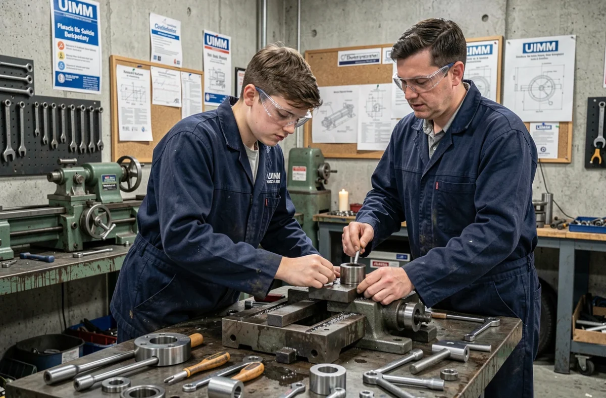 Apprenti et formateur en formation industrielle en alternance au Pôle Formation UIMM Bretagne à Plérin