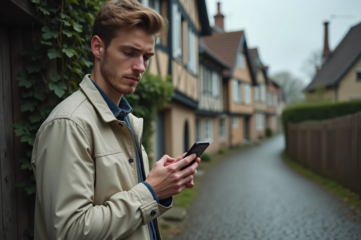 Jeune homme consultant son smartphone affichant une erreur réseau devant une maison à colombages normande