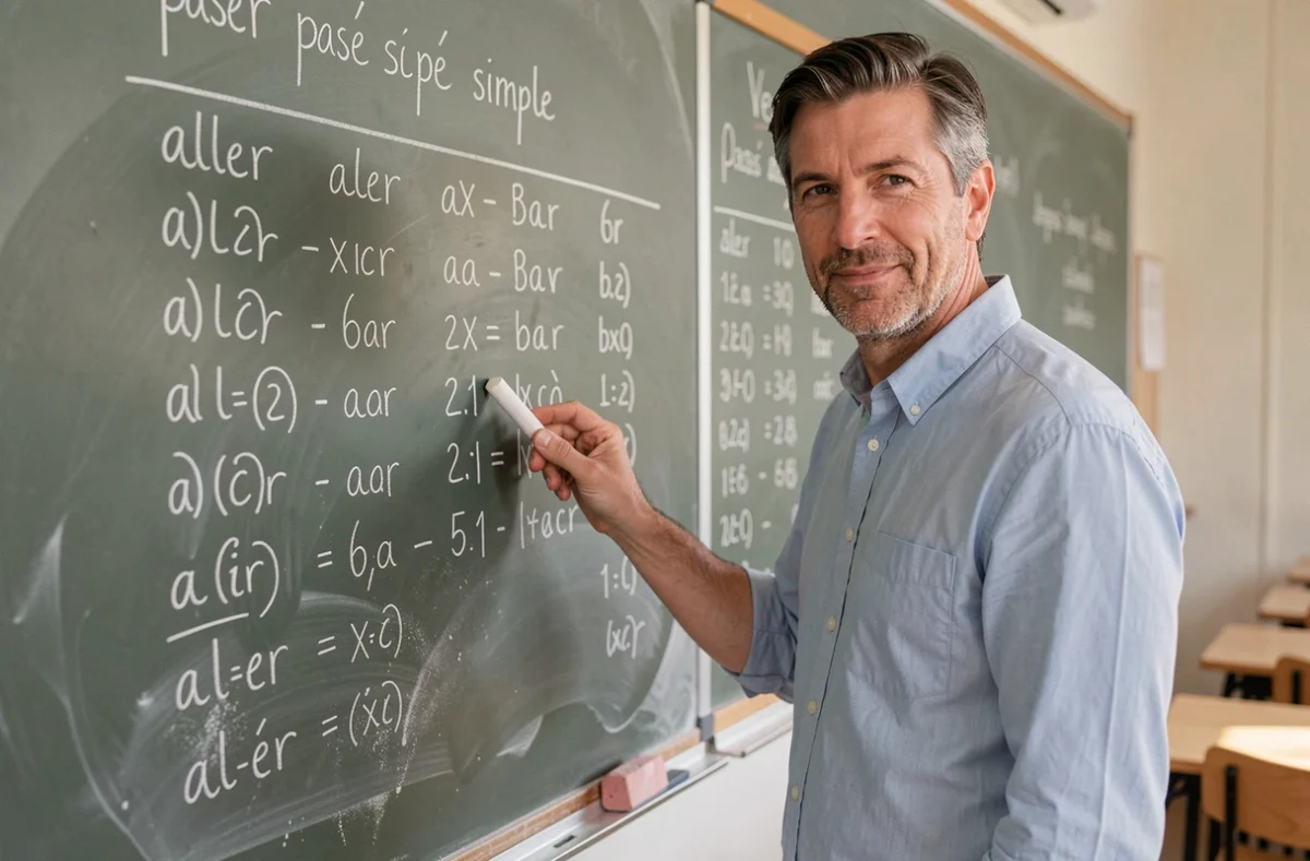 Professeur de français expliquant le tableau de conjugaison du passé simple au tableau noir devant une salle de classe