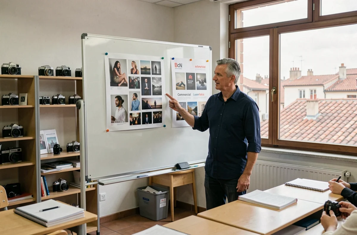 Professeur de photographie à Toulouse présentant les différences entre carrière artistique et commerciale dans une salle de cours