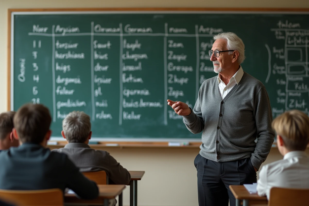 Professeur devant tableau de declinaisons allemandes en classe