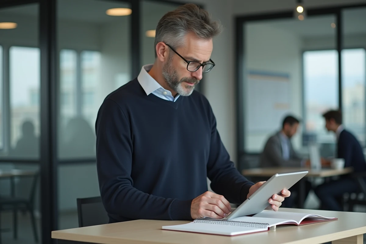 Professeur organisant ses cours sur une tablette dans une salle de travail collaboratif universitaire